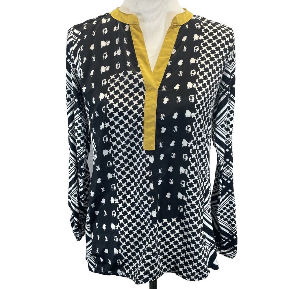TINY by Anthropolgie Women's Med Blouse Tunic Black Gold Zambi Geometric Pattern